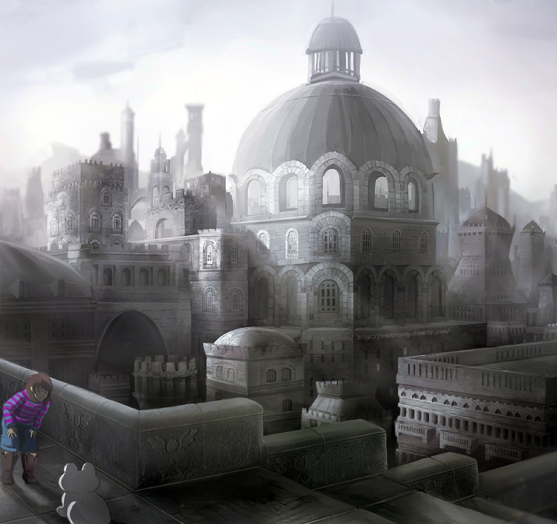 city cityscape clothed clothing detailed_background duo feral jazzycat undertale undertale_(series) frisk_(undertale) froggit human mammal alternate_version_at_source spot_color