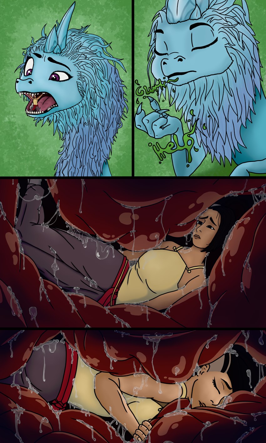 anthro black_hair blue_body blue_fur bodily_fluids brown_body brown_skin covered_in_saliva dark_body dark_skin dialogue duo eyebrows eyes_closed female feral forced fur green_background green_text hair human_prey internal larger_female larger_feral long_hair mouth_closed onomatopoeia open_mouth oral_vore pink_tongue purple_eyes questionable_consent raised_eyebrow saliva sharp_teeth simple_background size_difference smaller_female smaller_human soft_vore sound_effects swallowing teeth text throat tongue undercut unwilling_prey vore ekto_(artist) disney mythology raya_and_the_last_dragon namaari_(ratld) sisu_(ratld) dragon eastern_dragon furred_dragon furred_scalie human mammal mythological_creature mythological_scalie scalie 2021 3:5 absurd_res comic digital_drawing_(artwork) digital_media_(artwork) english_text hi_res huge_filesize traced