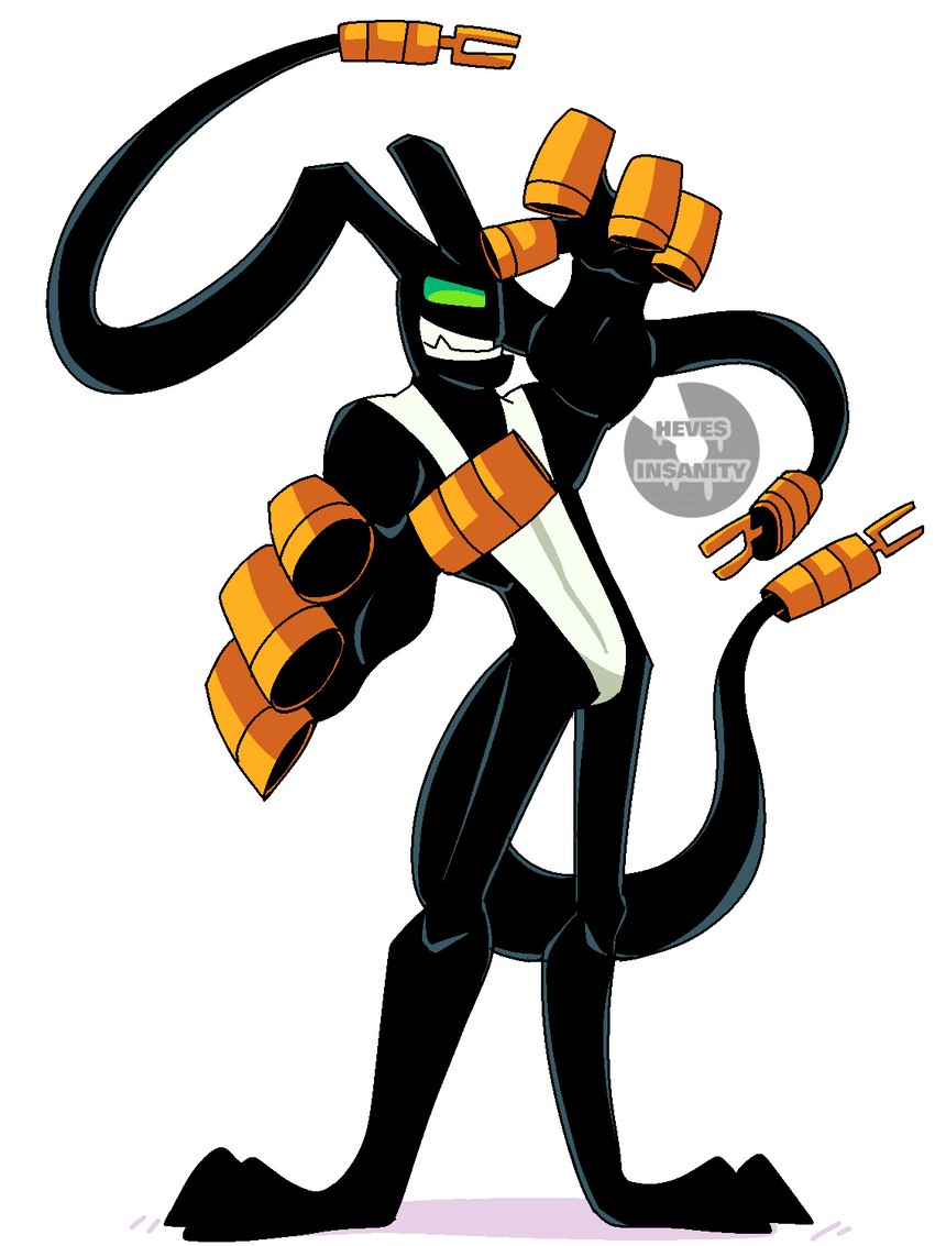 1_eye anthro black_body black_ears black_tail fangs green_eyes long_ears looking_at_viewer solo tail teeth white_body yellow_body yellow_ears yellow_tail hevinsane ben_10 cartoon_network feedback_(ben_10) alien conductoid humanoid 3:4 hi_res