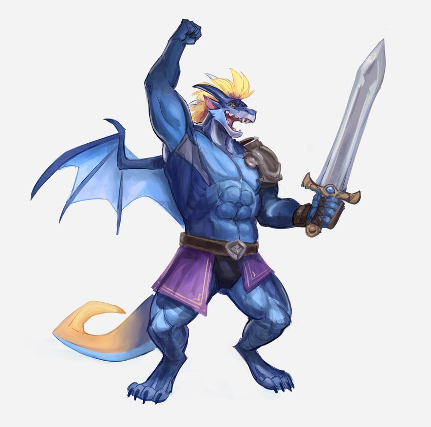 anthro armor belt blonde_hair blue_body bottomwear clothing digitigrade gauntlets gem gloves hair handwear head_spikes holding_melee_weapon holding_object holding_sword holding_weapon looking_forward male melee_weapon membrane_(anatomy) membranous_wings muscular muscular_anthro muscular_male open_mouth orange_tail paladin pauldron purple_bottomwear purple_clothing raised_arm simple_background solo spikes spikes_(anatomy) spread_wings standing sword tail weapon white_background wings yellow_eyes gamutfeathers activision mythology spyro_the_dragon teryx teryx_commodore dragon mythological_creature mythological_scalie scalie 2023 digital_media_(artwork) hi_res