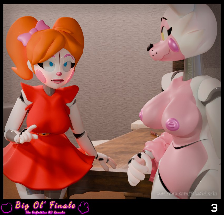 anthro blue_eyes bottomwear clothed clothing duo female female/female fingers fully_clothed hair machine nipples nude orange_hair red_bottomwear red_clothing red_skirt red_topwear skirt suit topless topwear white_body blackterio five_nights_at_freddy's scottgames sister_location circus_baby_(fnaf) funtime_foxy_(fnaf) animatronic canid canine fox humanoid mammal robot 2024 3d_(artwork) blender_(artwork) digital_media_(artwork) hi_res