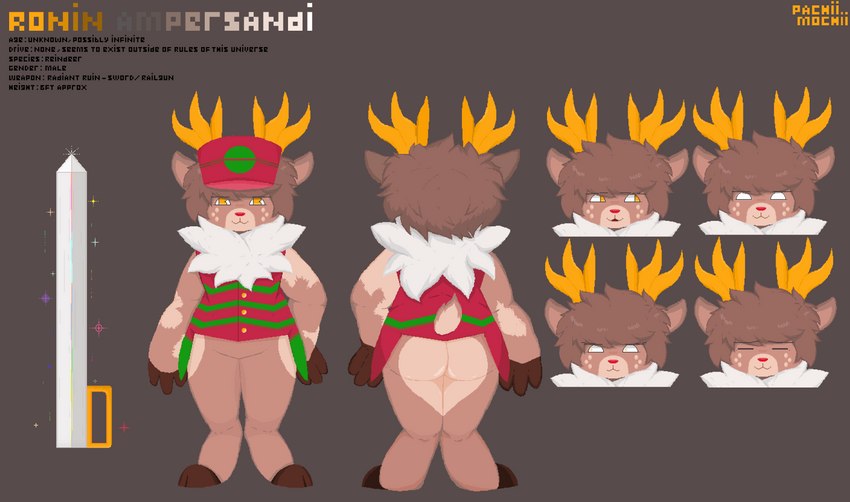 anthro antlers big_butt big_ears bottomless butt butt_heart clothed clothing detailed_fur eyes_closed fluffy fur gun horn looking_at_viewer looking_back male melee_weapon open_mouth pixelated ranged_weapon reindeer_antlers short_tail simple_background solo sword tail text thick_thighs weapon pachiimochii ronin_ampersandi deer humanoid mammal new_world_deer reindeer absurd_res detailed digital_media_(artwork) hi_res model_sheet pixel_(artwork) pyxel_edit_(artwork)