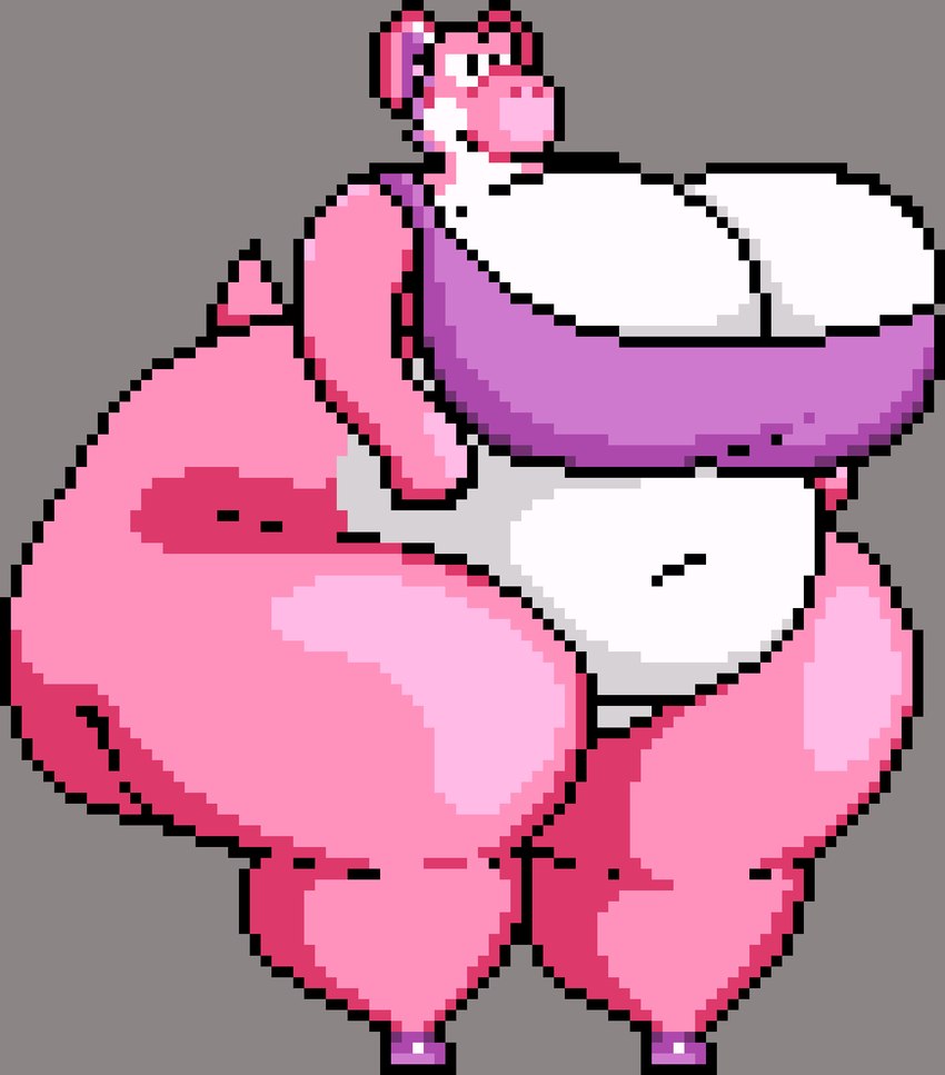 anthro big_breasts big_butt black_eyes breasts butt clothing crop_top featureless_crotch female grey_background huge_breasts huge_butt hyper hyper_butt multicolored_body multicolored_scales navel pink_body pink_nose pink_ribbon pink_scales pink_tail purple_clothing purple_crop_top purple_shirt purple_topwear ribbons scales shirt simple_background solo standing tail thick_thighs topwear two_tone_body two_tone_scales white_body white_scales chip_at_night mario_bros nintendo sloot_yoshi dinosaur pink_yoshi prehistoric_species reptile scalie yoshi 2023 digital_media_(artwork) hi_res pixel_(artwork)