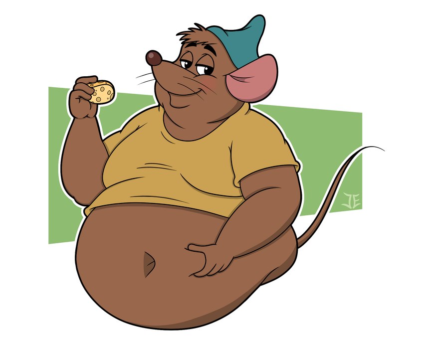 anthro belly big_belly cheese clothing dairy_products food hat headgear headwear male moobs navel overweight overweight_male shirt simple_background smile solo topwear johnny_ether disney's_cinderella gus_(cinderella) mammal mouse murid murine rodent 2024 5:4 hi_res