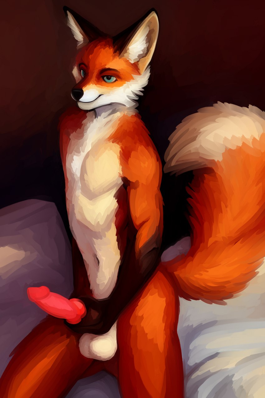 animal_genitalia animal_penis anthro balls bed blue_eyes canine_genitalia canine_penis erection fur furniture genitals holding_penis inside kneeling knot male male_anthro navel nude on_bed orange_body orange_fur penile penis sitting sitting_on_bed smile solo tail sylo canid canine fox mammal red_fox true_fox 2022 2:3 digital_media_(artwork) hi_res