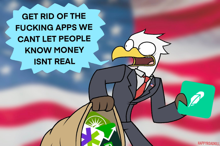 american_flag anthro bag beak biped black_eyes blurred_background clothing dialogue feathers holding_bag holding_object humor logo male necktie open_mouth politics profanity red_necktie scared solo speech_bubble standing suit text united_states_of_america wallstreetbets white_body white_feathers yelling yellow_beak happyroadkill e-trade_(company) fidelity_(company) robinhood_(company) stonks td_bank eric_eagle accipitrid accipitriform avian bald_eagle bird eagle sea_eagle 2021 digital_drawing_(artwork) digital_media_(artwork) english_text flat_colors