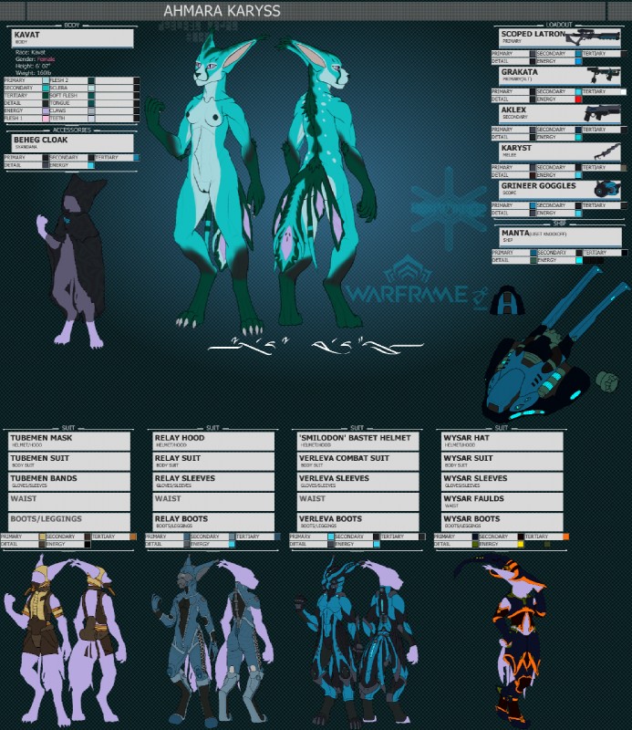 anthro breasts female genitals nipples nude pussy simple_background solo text frostwyrm102 digital_extremes tencent warframe ahmara_karyss felid kavat mammal 2017 english_text flat_colors hi_res model_sheet