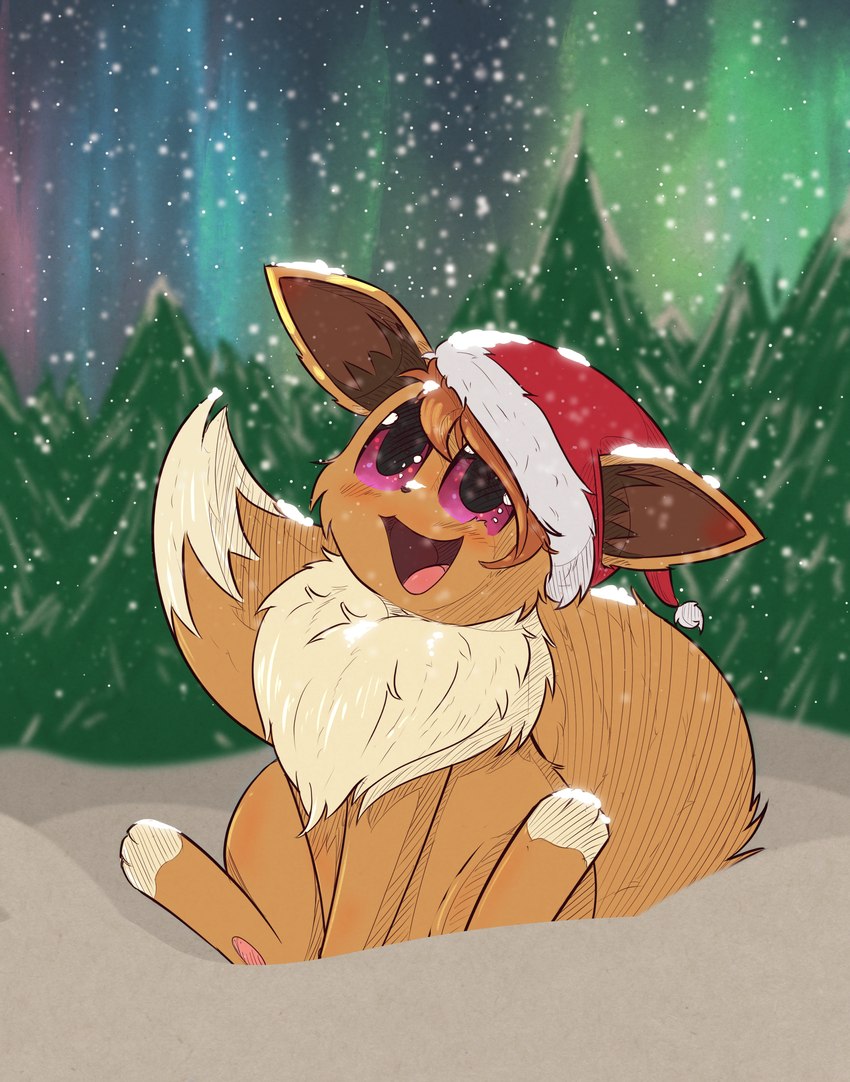 ambiguous_gender blush brown_body brown_fur christmas_clothing christmas_headwear clothing feral fur hair hat headgear headwear holidays open_mouth santa_hat smile solo tail pawoo christmas nintendo pokemon eevee generation_1_pokemon mammal pokemon_(species) absurd_res digital_media_(artwork) hi_res