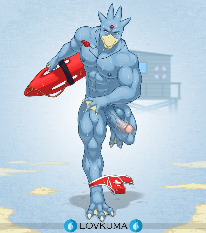 3_toes abs anthro anthrofied balls beak blue_balls blue_body blue_nipples claws clothed clothing clothing_around_one_leg feet forehead_gem gem genitals holding_object humanoid_genitalia humanoid_penis lifeguard_tower male membrane_(anatomy) muscular muscular_anthro muscular_male navel nipples partially_clothed pecs penis pokemorph red_clothing red_eyes red_underwear rescue_buoy running sand solo toe_claws toes underwear underwear_around_one_leg underwear_down vein veiny_penis webbed_feet webbed_hands wet whistle_(object) lovkuma nintendo pokemon generation_1_pokemon golduck pokemon_(species) hi_res