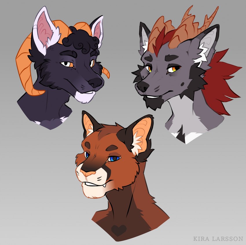 anthro blue_eyes group hair horn inner_ear_fluff looking_at_viewer male orange_body orange_scales scales smile trio tuft white_eyes yellow_eyes kira_larsson canid canine cougar felid feline mammal hi_res