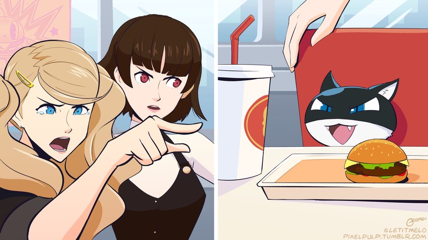 anthro bendy_straw blue_eyes burger chair clothed clothing container cup cute_fangs detailed_background drinking_straw fangs female food furniture gesture group hand_gesture humor male open_mouth pointing red_eyes table teeth tray yelling letitmelo atlus megami_tensei megami_tensei_persona persona_(series) persona_5 sega woman_yelling_at_a_cat ann_takamaki makoto_niijima morgana_(persona) domestic_cat felid feline felis human mammal 2020 hi_res meme redraw signature