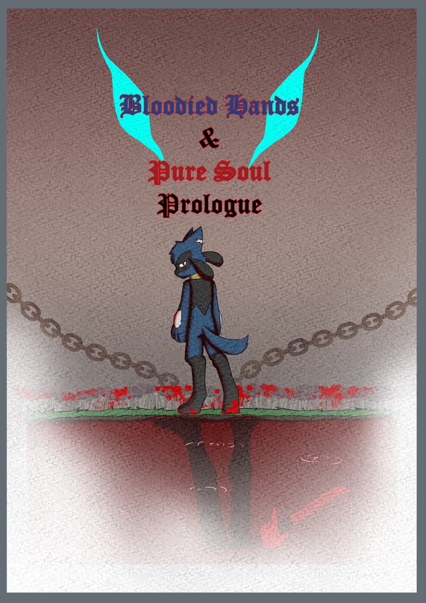 ambiguous_gender anthro blood blue_body blue_border blue_tail blue_text bodily_fluids border chain clenched_teeth male open_mouth open_smile paws red_eyes red_text scar sharp_teeth smile solo standing tail teeth text white_sclera novaarts nintendo pokemon pokemon_mystery_dungeon spike_chunsoft generation_4_pokemon pokemon_(species) riolu 2024 cover cover_art digital_media_(artwork) hi_res male_(lore)