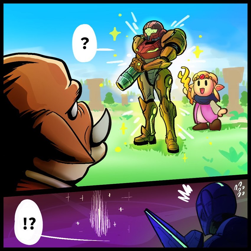 anthro arm_cannon armor cloak clothing female gameplay_mechanics group humanoid_pointy_ears light_body light_skin machine magic male open_mouth open_smile pointy_ears power_armor smile speech_bubble staff surprised_expression tri_rod varia_suit weapon saikono_manuru echoes_of_wisdom metroid nintendo the_legend_of_zelda princess_zelda samus_aran sylux_(metroid) blin_(tloz) human humanoid hylian mammal moblin 1:1 comic crossover