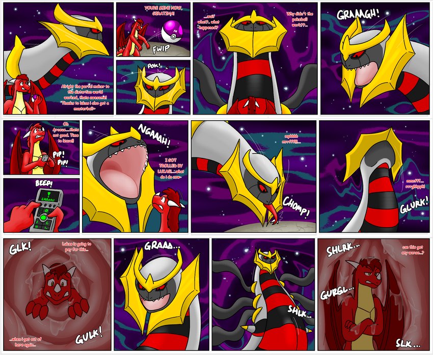 ambiguous_gender ambiguous_prey armor bodily_fluids distortion_world duo facial_horn feral grey_body horn inside_stomach internal male male_pred master_ball membrane_(anatomy) membranous_wings nose_horn oral_vore organs pokeball red_body red_eyes red_wings saliva stomach swallowing text throwing vore wings yellow_armor yellow_eyes livinlovindude passyvorex mythology nintendo pokemon passy dragon generation_4_pokemon giratina legendary_pokemon mythological_creature mythological_scalie pokemon_(species) scalie comic english_text hi_res