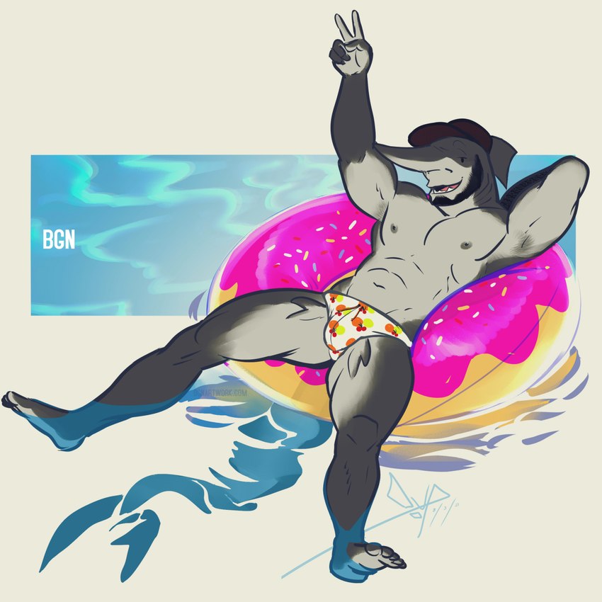 abs anthro armpit_hair beard biceps body_hair clothing dorsal_fin facial_hair fin fingers floating gesture gills hand_gesture hat headgear headwear looking_at_viewer male muscular muscular_anthro muscular_male nipples pecs sharp_teeth simple_background smile solo speedo swimwear teeth text v_sign water bgn fish goblin_shark mackerel_shark marine mitsukurinid shark 1:1 hi_res