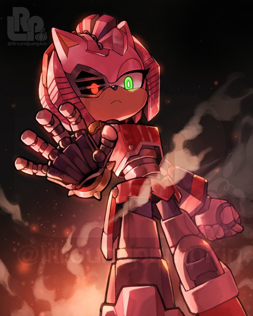 anthro bionic_eye bionics black_nose cybernetic_arm cybernetic_eye cybernetic_hair cybernetic_leg cybernetic_limb cybernetic_torso cybernetics female fire glowing glowing_eyes green_eyes logo machine pink_body red_body red_eyes smoke solo lilroundpumpkin netflix sega sonic_prime sonic_the_hedgehog_(series) amy_rose rusty_rose cyborg eulipotyphlan hedgehog mammal 2022 4:5 absurd_res artist_logo artist_name hi_res watermark