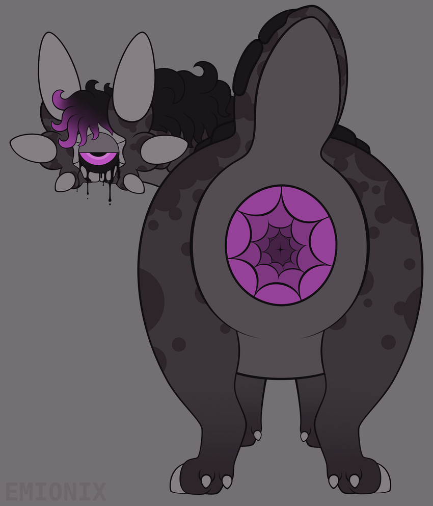 1_eye 6_ears ambiguous_gender anus anus_focus big_anus big_eyes black_mane black_sclera black_scutes black_tears bodily_fluids butt butt_focus cloven_hooves countershade_tail countershade_torso countershading crying dewclaw_hooves feral gaping gaping_anus grey_background grey_body grey_countershading hooves huge_anus hyper hyper_anus leg_markings lidded_eyes looking_at_viewer looking_back looking_back_at_viewer mane markings mottled mottled_body mouthless multi_ear multicolored_mane null overweight overweight_ambiguous overweight_feral pink_eyes pink_mane puffy_anus purple_body purple_markings quadruped rear_view scutes short_tail simple_background socks_(marking) solo standing tail tears text thick_neck thick_tail toony two_tone_mane unguligrade unusual_ears wide_crotch emionix minmu lurkerbeast omnitope 2026 absurd_res artist_name digital_drawing_(artwork) digital_media_(artwork) flat_colors gimp_(artwork) hi_res
