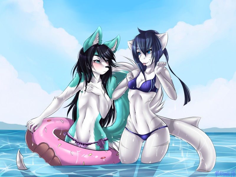 anthro arms_bent bent_arm bikini black_hair blue_hair blush breasts cleavage clothed clothing countershading detailed_background donut_pool_toy donut_print duo extended_arm female femboy fluffy fluffy_tail food_pool_toy food_print frilly front_view fur green_body green_fur grey_body grey_skin hair hand_on_chest in_swim_ring inflatable inner_ear_fluff inner_tube legs_in_water long_hair long_tail looking_away male multicolored_body multicolored_fur nipple_piercing nipples non-mammal_breasts outside partially_submerged piercing pool_toy print_pool_toy ribbons sea seascape side-tie_bikini side-tie_clothing side-tie_swimwear skimpy sky small_breasts smile sparkles sparkling_water standing standing_in_water string_bikini stripes submerged_legs submerged_tail swim_ring swimwear tail tail_in_water tail_out_of_water tied_bikini tied_clothing tongue tongue_out topless tucked_arm tucked_arms tuft two-piece_swimsuit two_tone_body two_tone_fur water wet white_body white_countershading white_fur wide_hips conditional_dnp mrawl nomi_(iroka) zeke_fierceclaw canid canine canis domestic_dog fish husky mammal marine nordic_sled_dog shark spitz 2016 4:3 absurd_res hi_res