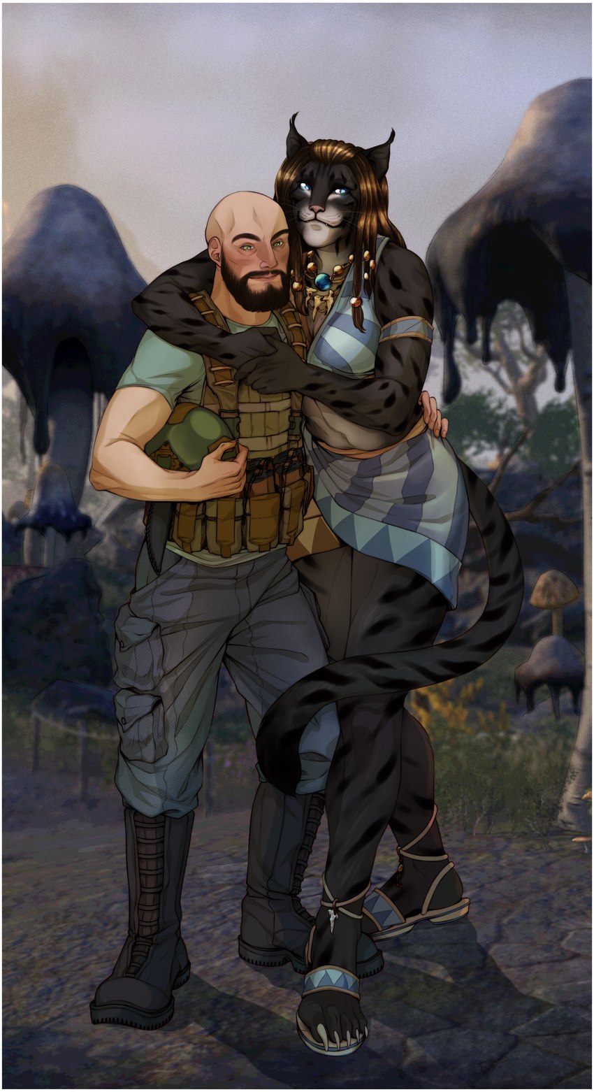 anthro armor bald beard blue_eyes body_armor border duo facial_hair female headgear helmet male male/female muscular size_difference white_border hakuryuorion microsoft the_elder_scrolls cole_mclean klandagi felid human khajiit mammal absurd_res hi_res