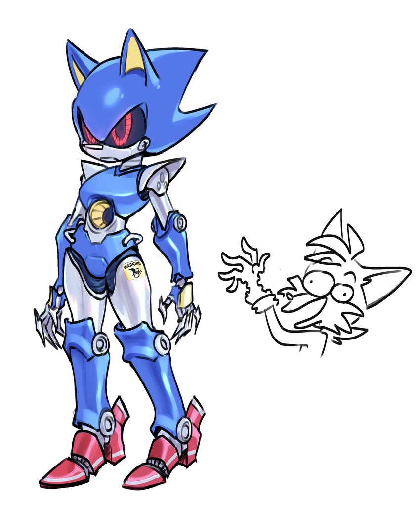 anthro blue_body duo handle machine male red_eyes silver_body standing warning_label sparkydb sega sonic_the_hedgehog_(series) metal_sonic miles_prower badnik canid canine fox mammal robot absurd_res hi_res