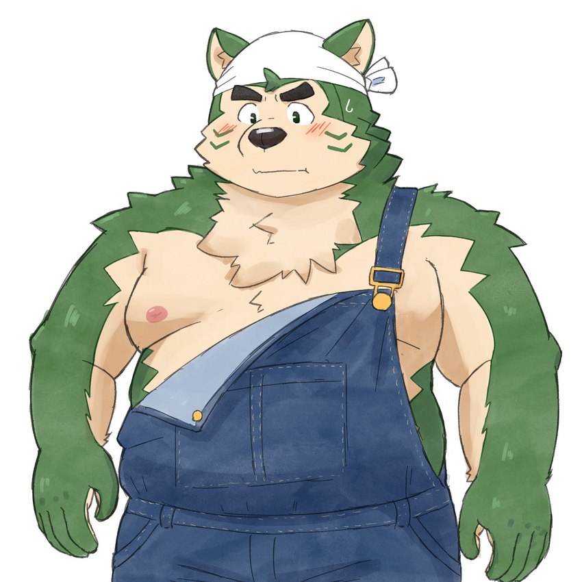 anthro blush clothing eyebrows fur green_body green_fur kerchief male moobs nipples overalls overweight overweight_male shirtless solo thick_eyebrows yaki_atsuage lifewonders live_a_hero mokdai canid canine canis domestic_dog mammal 1:1 hi_res