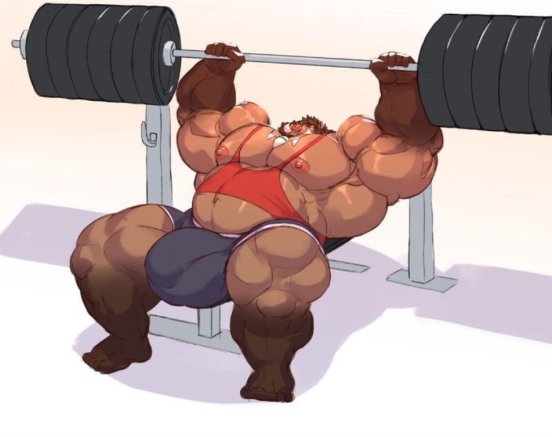 5_fingers 5_toes anthro areola balls_outline barbell beard belly bench_press biceps big_bulge big_muscles biped brown_body brown_fur brown_hair bulge clothed clothing detailed_bulge exercise facial_hair feet fingers fur genital_outline hair huge_bulge huge_muscles humanoid_feet humanoid_hands hyper hyper_bulge hyper_muscles jewelry male musclegut muscular muscular_anthro muscular_male necklace nipples overweight overweight_anthro overweight_male paws pecs penis_outline pink_nipples pink_nose plantigrade quads shirt solo tank_top toes topwear triceps tusks underwear weightlifting workout bluekumabox broody mammal suid suina sus_(pig) wild_boar 2020 digital_drawing_(artwork) digital_media_(artwork)