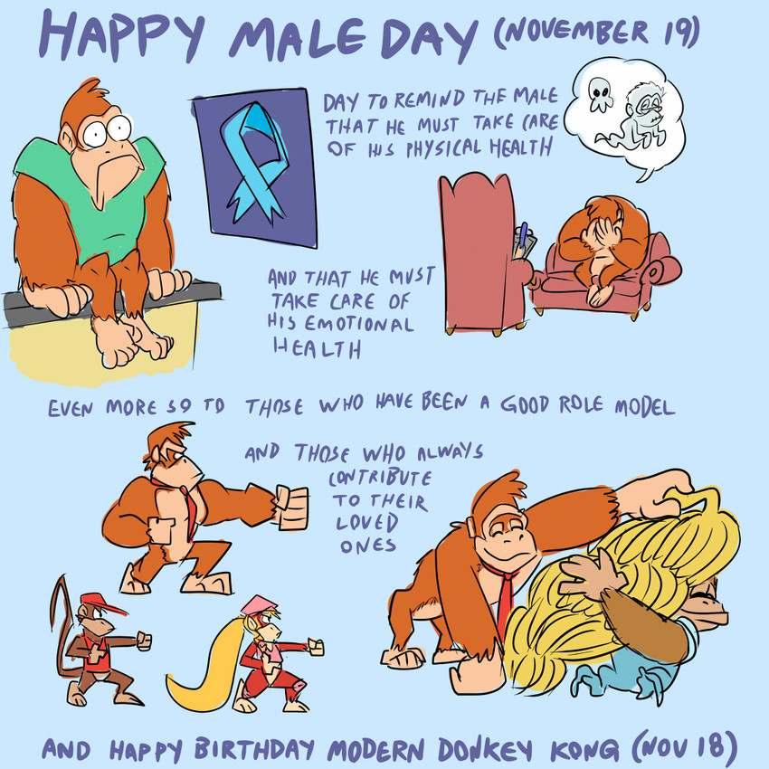 anthro banana female food fruit group happy_birthday health male mens_day muscular muscular_male pecs plant text shesamonkey donkey_kong_(series) nintendo diddy_kong dixie_kong donkey_kong_(character) kiddy_kong wrinkly_kong ape barbary_macaque gorilla haplorhine kong mammal monkey primate 1:1 english_text pillarbox