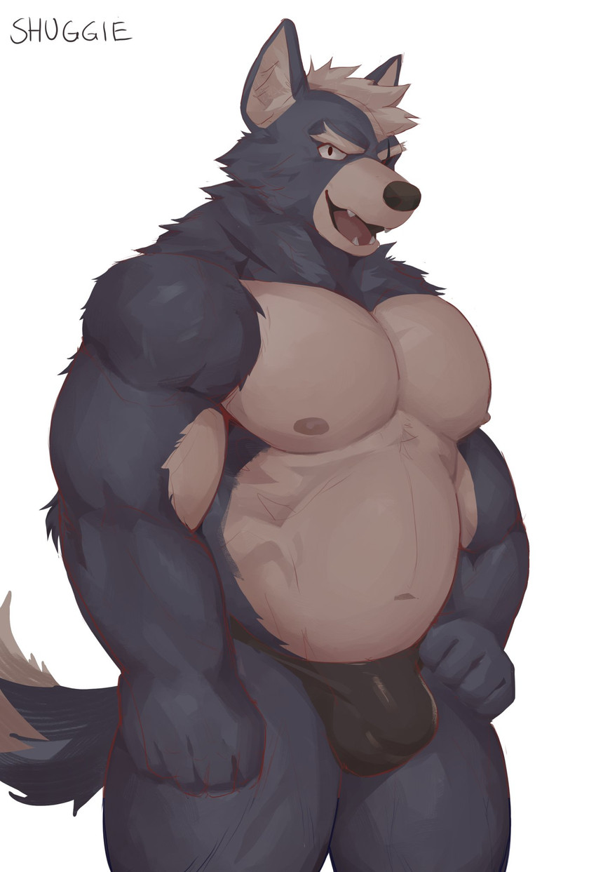 anthro black_clothing black_jockstrap black_undergarments black_underwear bulge clothed clothing detailed_bulge eye_scar facial_scar fangs fur grey_body grey_fur jockstrap looking_at_viewer male musclegut muscular muscular_anthro muscular_male nipples open_mouth overweight overweight_anthro overweight_male pecs scar simple_background solo standing teeth three-quarter_view topless underwear white_background white_body white_fur shugggie nintendo star_fox wolf_o'donnell canid canine canis mammal wolf digital_media_(artwork) hi_res portrait three-quarter_portrait