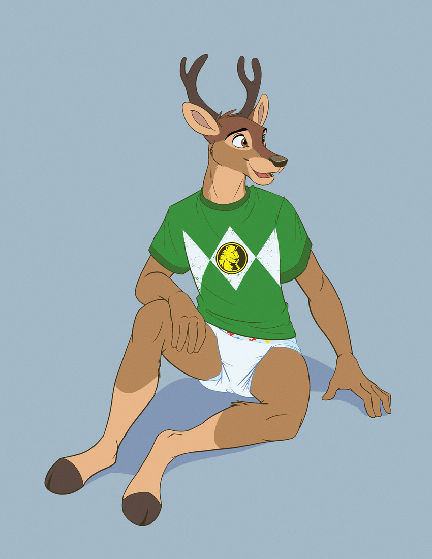 5_fingers anthro antlers black_nose brown_body brown_eyes brown_fur clean_diaper clothed clothing diaper fingers fur hand_on_leg hooves horn male open_mouth shirt simple_background sitting solo topwear wearing_diaper colt3n mighty_morphin_power_rangers deer mammal 2020 absurd_res hi_res