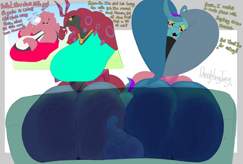 big_breasts big_butt breasts butt female furniture group huge_butt male simple_background sitting sitting_on_another sofa text dongwongtang nintendo pokemon drizzile generation_4_pokemon generation_5_pokemon generation_8_pokemon humanoid lickilicky pokemon_(species) scolipede snom 2020 absurd_res hi_res