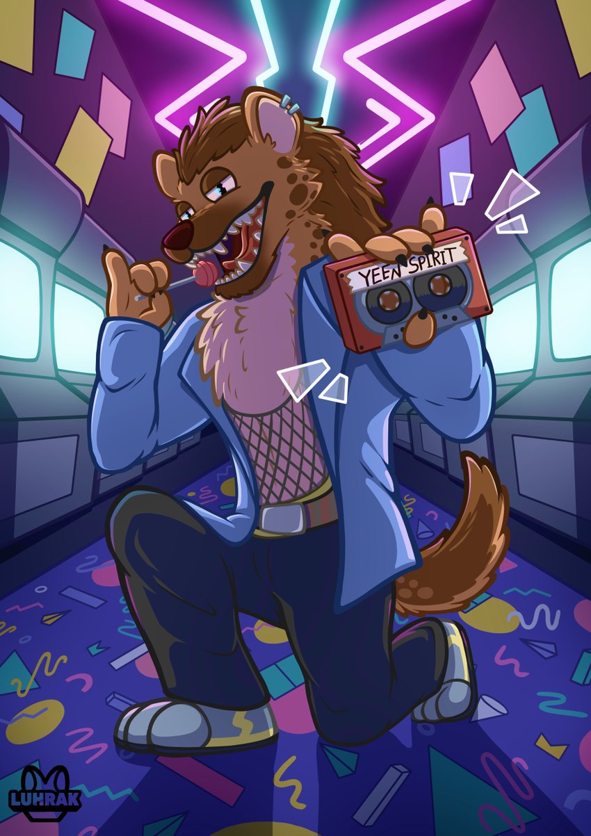 1990s anthro arcade arcade_machine backlighting bottomwear brown_body brown_fur candy chest_tuft clothed clothing dark_snout denim denim_bottomwear denim_clothing denim_jacket denim_topwear dessert fishnet_clothing food fur gift hair holding_object jacket jeans kneeling light lollipop long_hair looking_at_viewer male neon neon_lights on_ground open_mouth open_smile pants paw_shoes raised_finger raised_pinky rimlight round_ears showing_chest smile smirk solo spots tail teeth teeth_showing text tongue topwear tuft luhrak hyena mammal spotted_hyena cel_shading colorful_theme digital_media_(artwork) hi_res lighting shaded simple_shading