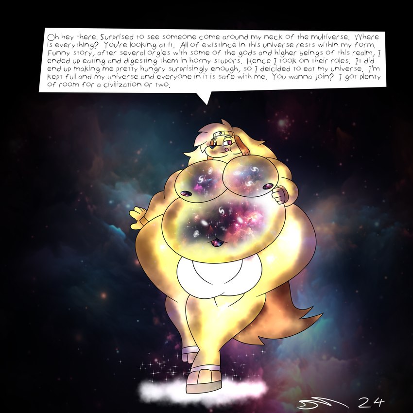 anthro cosmic cosmic_background cosmic_flesh cosmic_fur cosmic_hair divine ethereal_hair male male_pred overweight overweight_anthro overweight_male text dirtymac canid canine canis deity domestic_dog mammal 1:1 absurd_res english_text hi_res