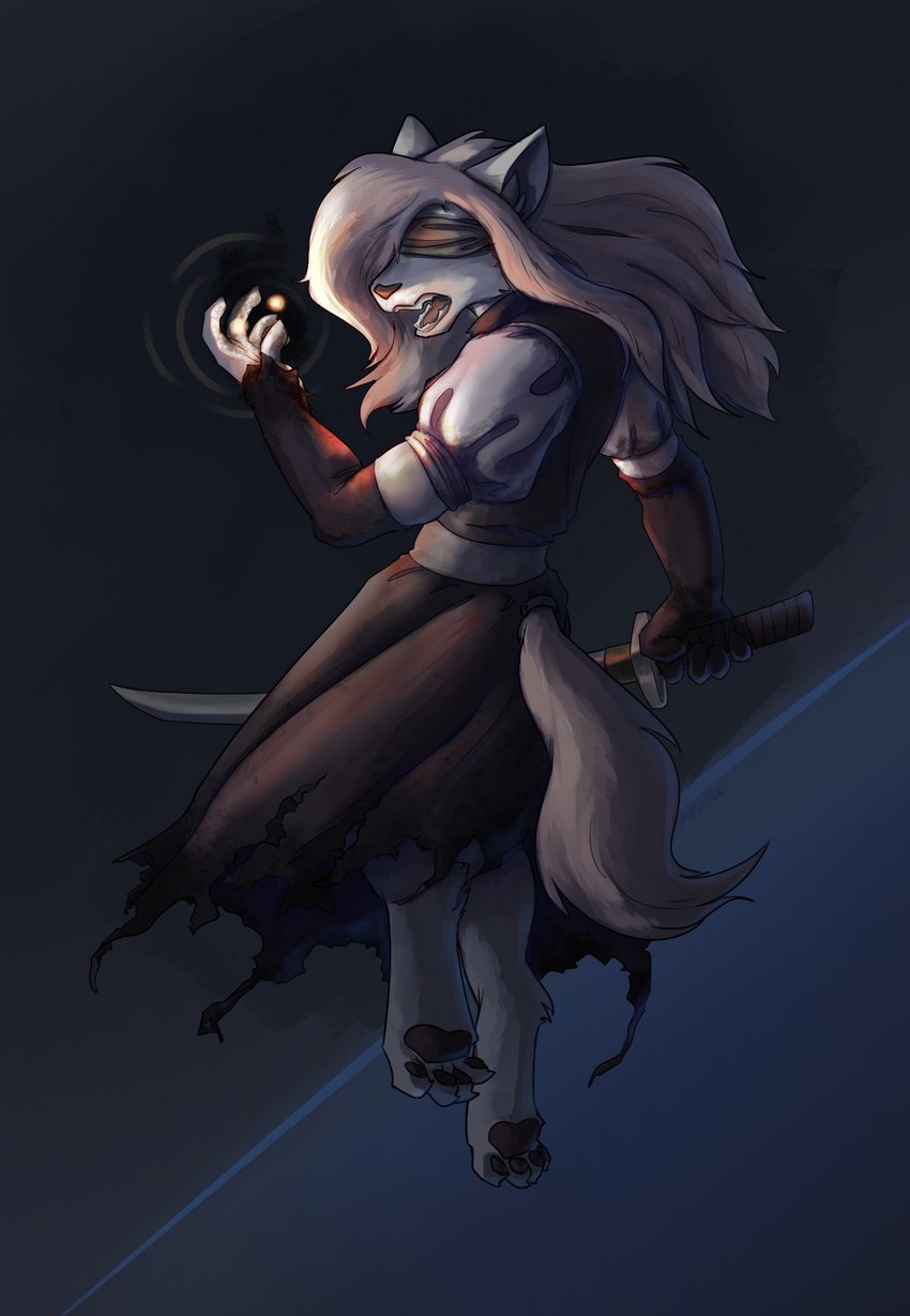 anthro blindfold clothing cosplay dress female floating katana melee_weapon simple_background solo sword weapon revertigo dead_by_daylight nurse_(dead_by_daylight) canid canine fox mammal hi_res