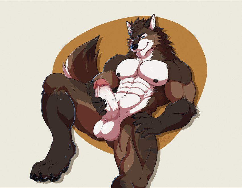 anthro balls barazoku blue_eyes brown_body brown_fur erection fangs fur genitals male manly masturbation muscular muscular_anthro muscular_male nipples nude pawpads paws pecs penis solo teeth fuzzylynx ark_(arkwolf26) canid canine canis mammal wolf absurd_res hi_res