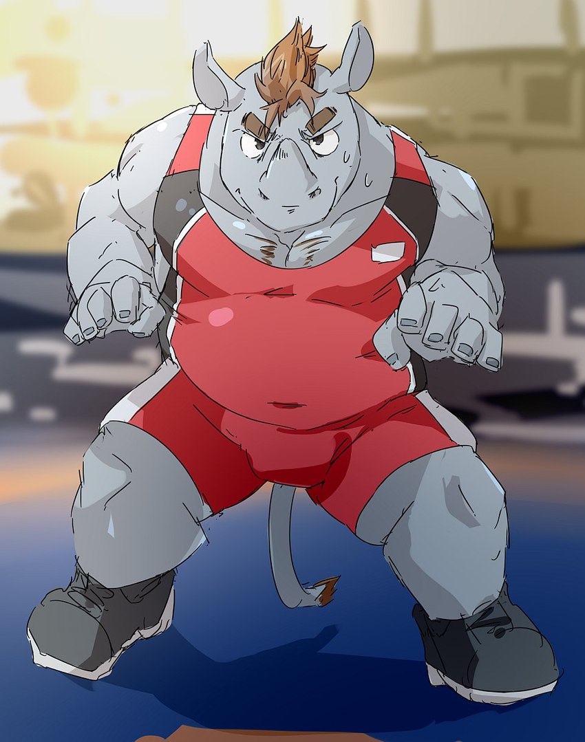 anthro biped bodily_fluids brown_hair grey_body hair horn humanoid_hands kemono male musclegut muscular solo sweat wrestling_singlet train_(artist) mammal rhinoceros 2021 hi_res