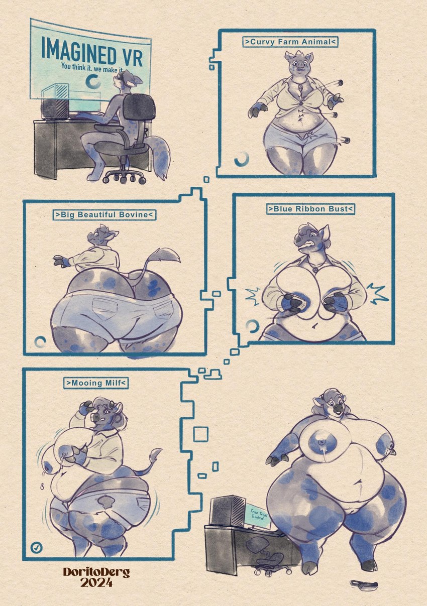 anthro areola belly big_areola bodily_fluids body_size_growth bottomwear breast_expansion breasts butt butt_expansion clothed clothing computer electronics expansion female fingers gender_transformation genitals hooved_fingers hooves lactating male mature_female mtf_transformation overweight overweight_anthro overweight_female panicking partially_clothed paws pussy shorts size_transformation solo solo_focus surprised_expression tail text thick_thighs torn_clothing transformation transformation_sequence wardrobe_malfunction weight_gain wide_hips doritoderg frost_endwood_(lsmfx1) bovid bovine canid canine canis cattle mammal wolf english_text hi_res