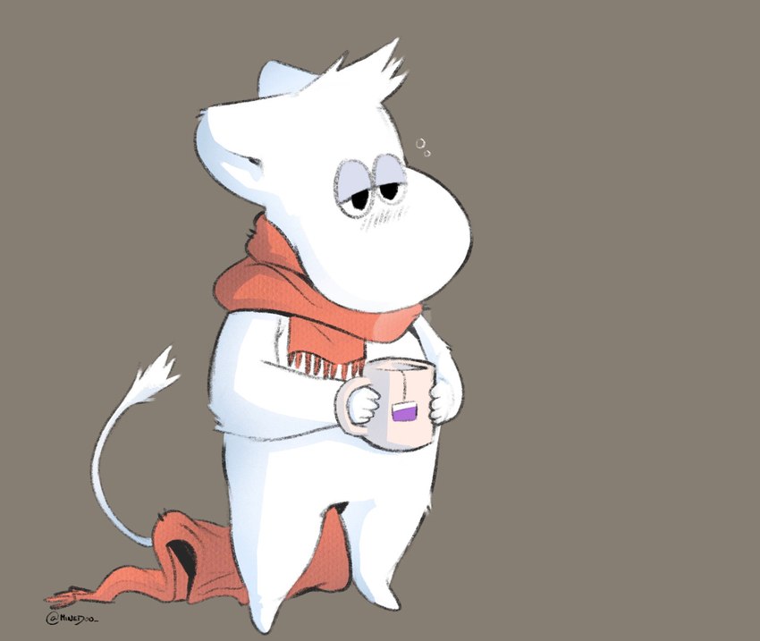 ambiguous_gender anthro arm_tuft beverage black_eyes brown_background container cup elbow_tuft featureless_feet feet fur half-closed_eyes head_tuft holding_object leg_tuft mug narrowed_eyes red_scarf round_ears scarf simple_background solo standing tail tail_tuft tea tuft white_body white_fur minedoo scandinavian_mythology the_moomins fan_character moomin troll_(mythology) 2022 hi_res signature