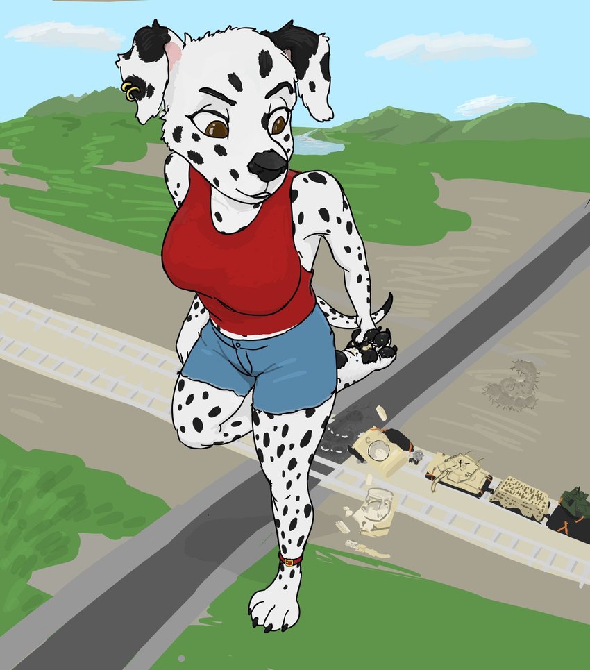 anthro clothing crushed_vehicle ear_piercing ear_ring female high-angle_view macro on_one_leg pawpads piercing railway_track ring_piercing solo standing tank_(vehicle) vehicle inxt delilah_(dalmatiandoll) canid canine canis dalmatian domestic_dog mammal hi_res