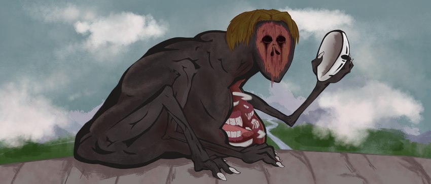 ambiguous_gender black_body black_skin fusion gore mask nightmare_fuel not_furry solo teeth tongue anonymous_artist attack_on_titan ghibli spirited_away no-face 7:3 absurd_res crossover hi_res