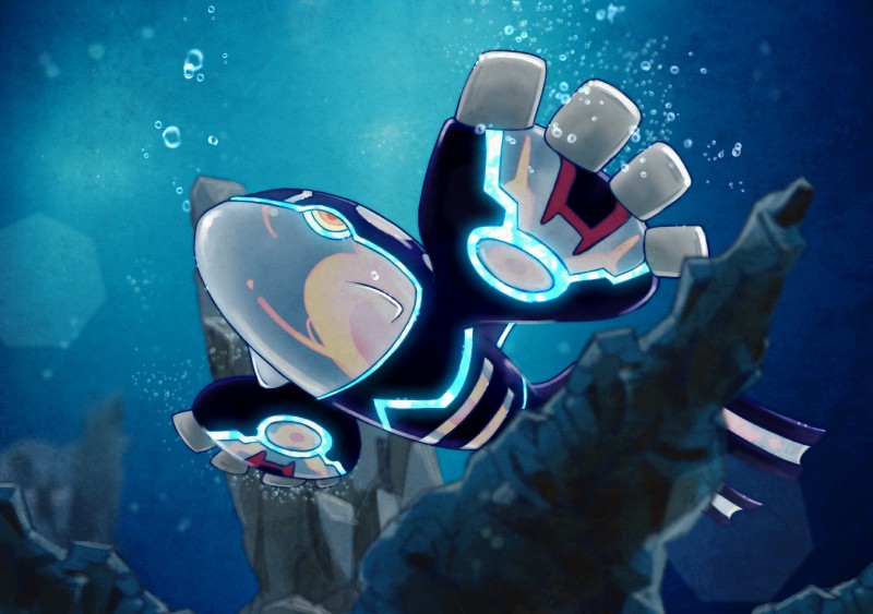 ambiguous_gender bubble feral markings rock solo underwater water いらけんっ nintendo pokemon fish generation_6_pokemon legendary_pokemon marine pokemon_(species) primal_kyogre primal_reversion 2015 hi_res