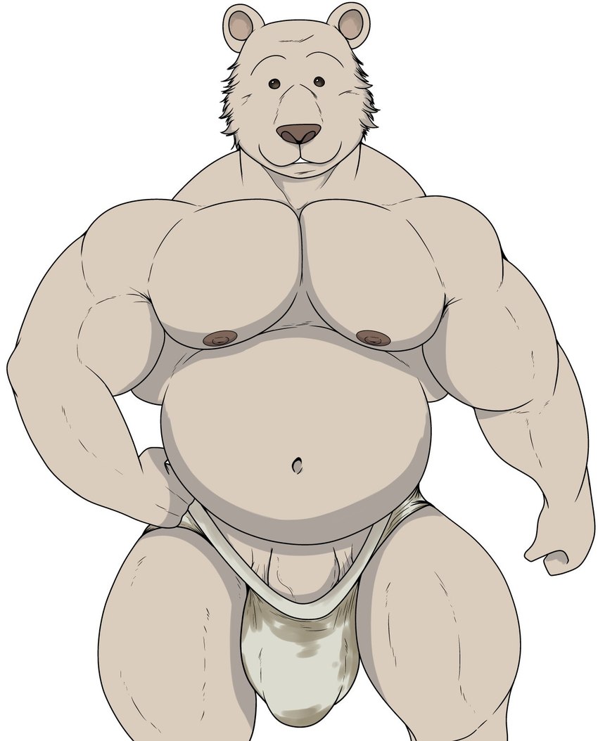 anthro beady_eyes big_biceps big_bulge brown_nipples brown_nose bulge closed_smile clothed clothing detailed_bulge front_view fur genital_outline genitals hand_on_hip looking_at_viewer male mouth_closed musclegut muscular navel nipples penis penis_base penis_outline simple_background smile solo tan_body tan_fur thick_thighs thong underwear underwear_only white_background ryanmakana beastars riz_(beastars) bear brown_bear mammal ursine 2023 hi_res