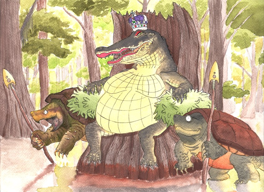 ambiguous_gender anthro beak chair claws crown everglades eyeshadow fangs female furniture glistening group headgear leaf lipstick makeup melee_weapon overweight overweight_female plant polearm queen reflection royalty scales spear swamp teeth text throne tree tribal water water_reflection weapon efradraws alligator alligator_snapping_turtle alligatorid crocodilian reptile scalie snapping_turtle turtle absurd_res english_text hi_res huge_filesize painting_(artwork) traditional_media_(artwork) traditional_painting_(artwork) traditional_watercolor_(artwork) watercolor_(artwork)