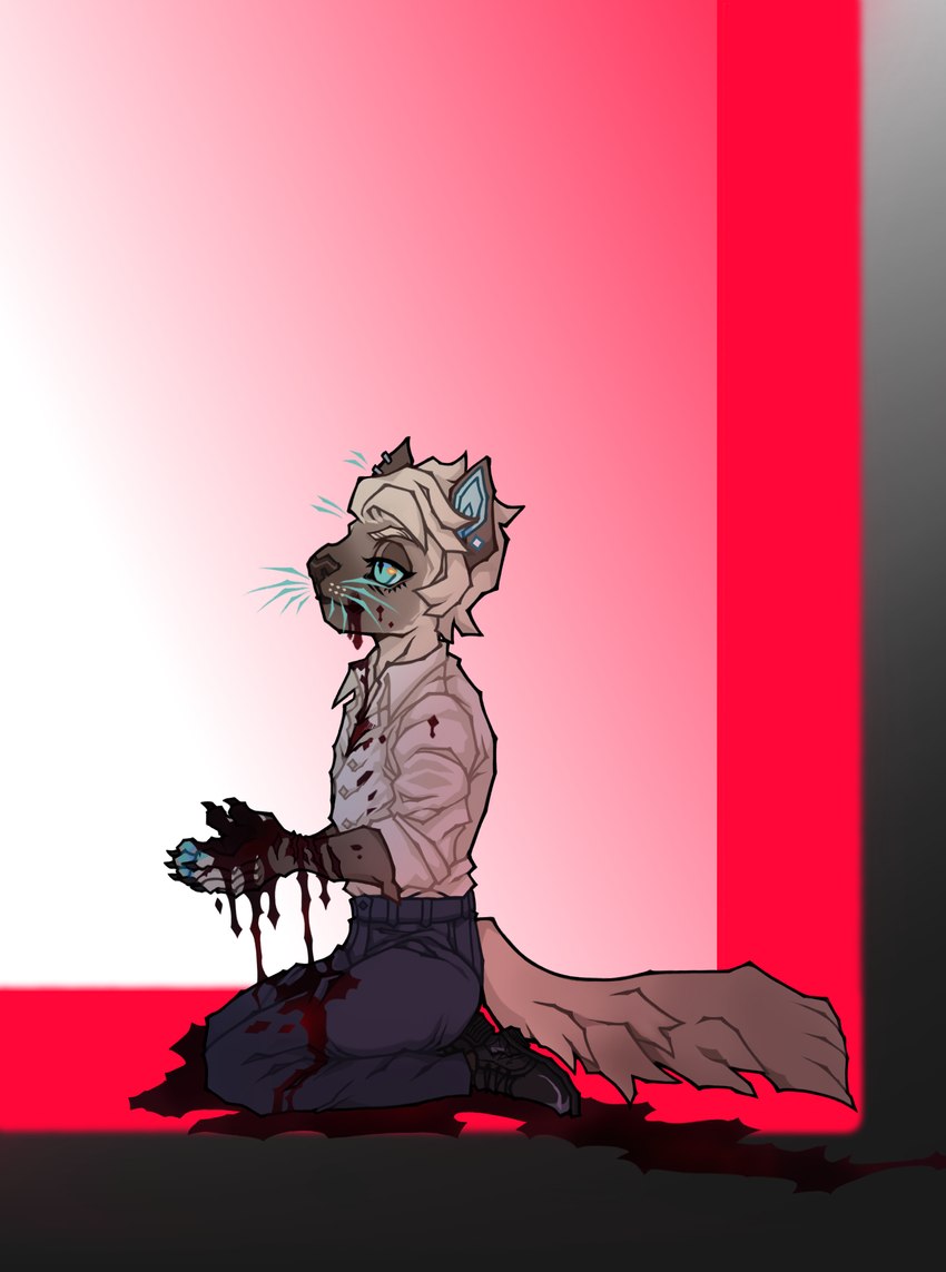 anthro bleed_out blood blood_on_clothing blood_on_hand bodily_fluids clothing cut_wrists male plantigrade solo greaserdemon goretober domestic_cat felid feline felis mammal siamese 2023 hi_res