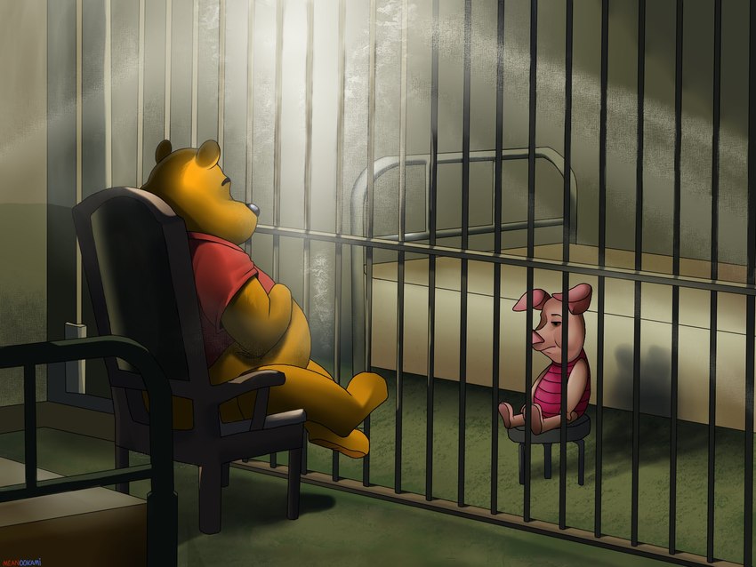 bars bed black_nose bottomless chair clothed clothing duo feral fur furniture inside male on_chair on_stool partially_clothed pig_ears pig_nose pink_body pink_fur prison prison_cell shirt sitting stool sweater sweater_vest topwear vest yellow_body yellow_fur meanookami disney konami piglets_big_game silent_hill winnie_the_pooh_(franchise) piglet pooh_bear domestic_pig mammal suid suine sus_(pig) 2024 4:3 colored crossover hi_res shaded