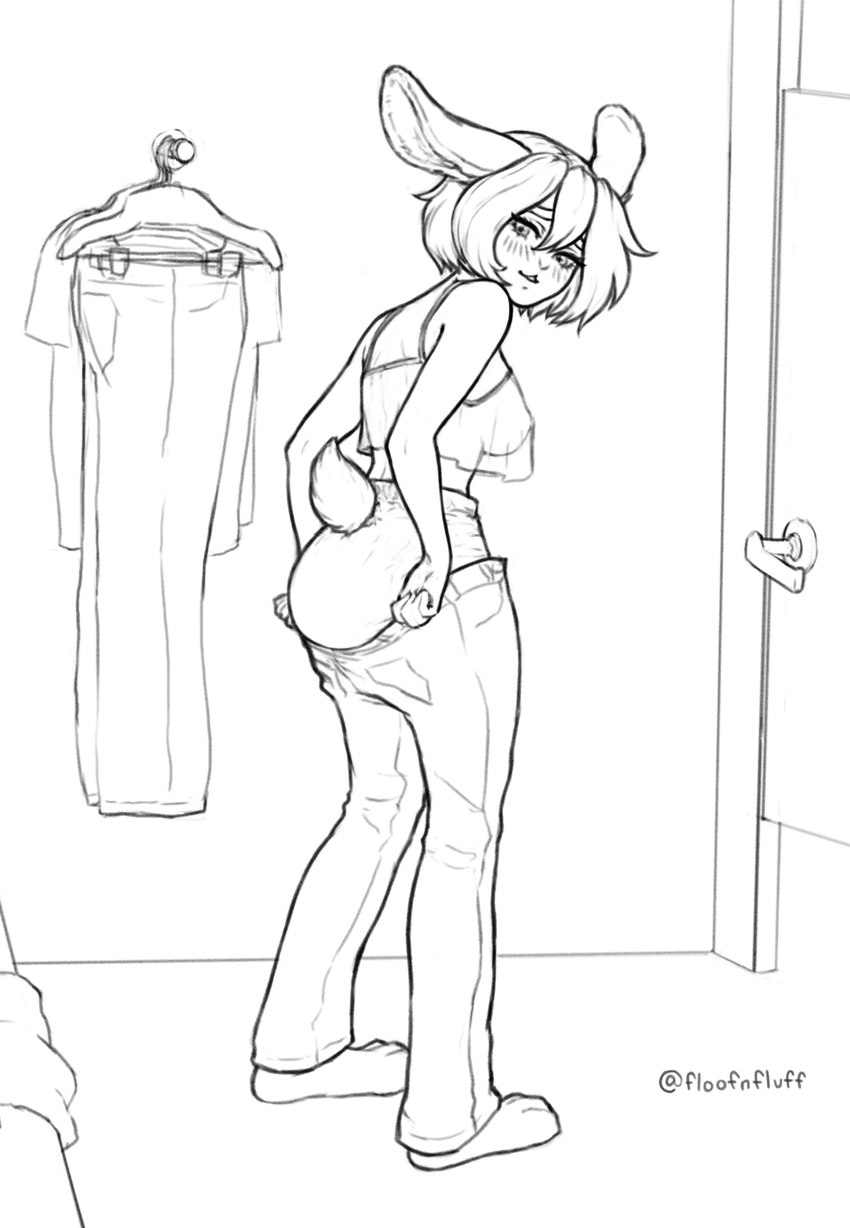 anthro bangs blush bottomwear breasts clean_diaper clothed clothes_hanger clothing denim denim_bottomwear denim_clothing diaper door exposed_diaper female fitting_room furgonomics hair inside jeans lace_topwear long_ears looking_back nipples pants paws pulling_up_pants scut_tail shirt short_tail solo spaghetti_strap tail topwear translucent translucent_clothing translucent_topwear underwear wearing_diaper floofnfluff lagomorph leporid mammal rabbit absurd_res hi_res monochrome signature