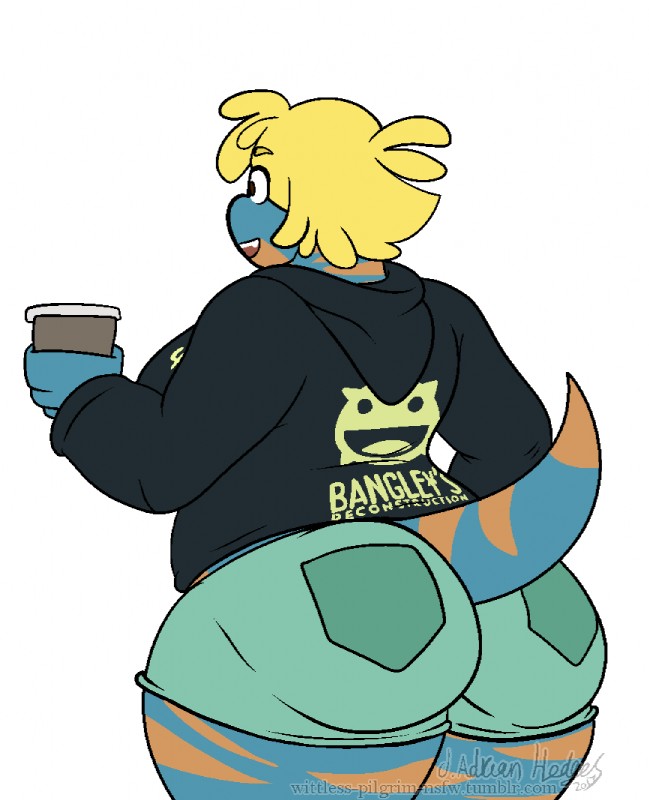 anthro beverage big_butt blonde_hair bottomwear butt clothed clothing denim denim_bottomwear denim_clothing denim_shorts female hair huge_thighs open_mouth overweight overweight_anthro overweight_female shorts smile solo thick_thighs wittless-pilgrim bree_(junk_planet) lizard reptile scalie