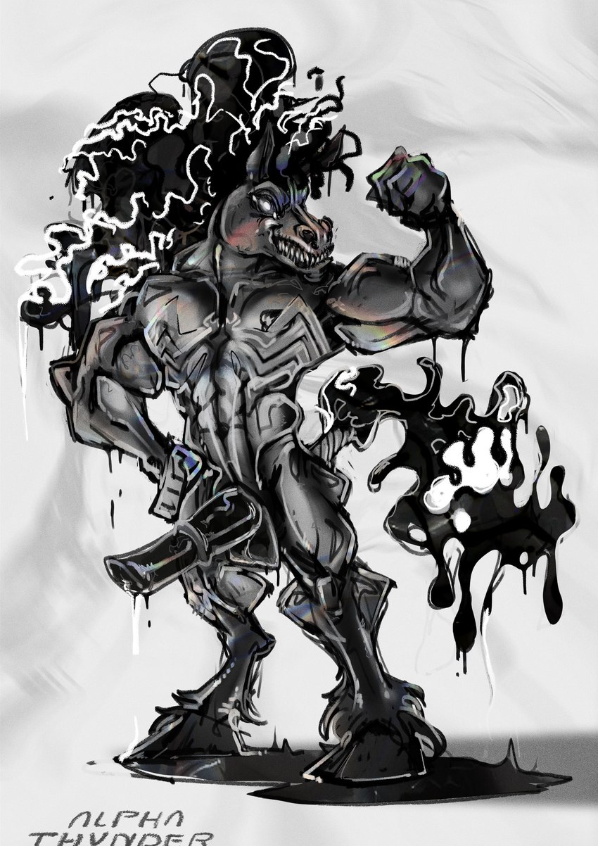 abs animal_genitalia animal_penis anthro biceps black_body black_fur black_mane bodily_fluids clenched_teeth deltoids dripping equine_genitalia equine_penis flexing fur genital_fluids genitals hooves leg_muscles male mane medial_ring muscular muscular_male pecs penis precum precum_drip serratus slime smile solo teeth alpha-thunder marvel alpha-thunder_(character) horse_venom venom_(marvel) equid equine horse mammal monster absurd_res hi_res