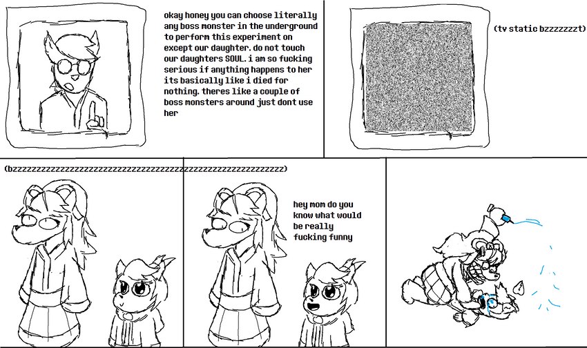 anthro biped bodily_fluids clenched_teeth clothed clothing dark_humor dialogue eyewear female fight glasses group hair holding_object horn humor injection male open_mouth profanity robe shitpost simple_background static syringe talking_to_another tears teeth text trio young young_anthro anonymous_artist undertale undertale_(series) undertale_yellow ceroba_ketsukane chujin_ketsukane kanako_ketsukane boss_monster_(undertale) bovid canid canine caprine fox mammal 2023 english_text hi_res meme monochrome daughter_(lore) father_(lore) father_and_child_(lore) father_and_daughter_(lore) mother_(lore) mother_and_child_(lore) mother_and_daughter_(lore) parent_(lore) parent_and_child_(lore) parent_and_daughter_(lore)