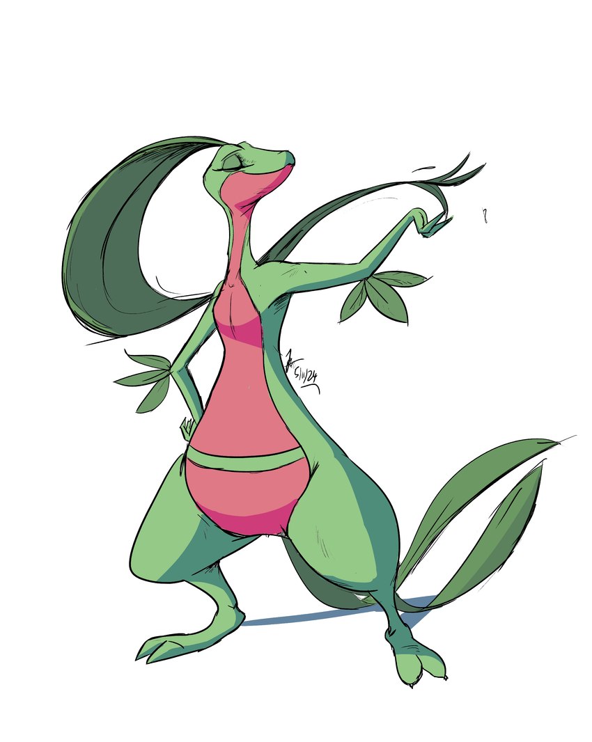 anthro female green_body leaf leaf_hair leaf_tail multicolored_body plant plant_hair pseudo_hair red_body semi-anthro smile solo tail two_tone_body windspan nintendo pokemon generation_3_pokemon grovyle pokemon_(species) absurd_res hi_res