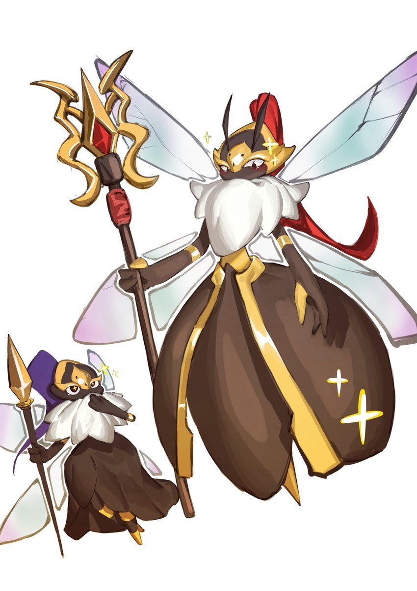 anthro blush clothing dress duo female flying insectoid_wings male melee_weapon neck_tuft polearm scepter size_difference spear tuft weapon wings zhngwi931872387 palworld pocketpair beegarde elizabee pal_(species) hi_res